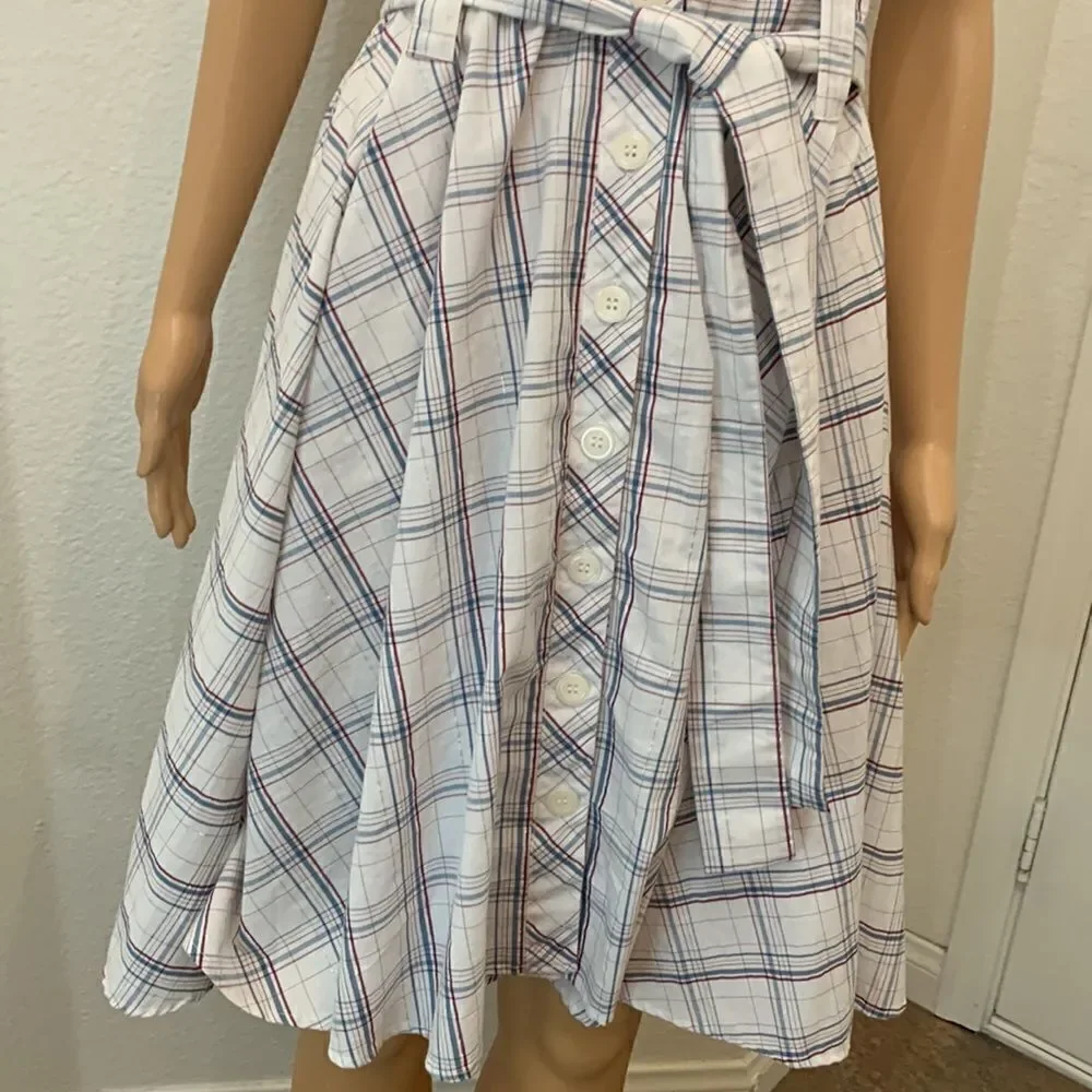 Ambiance Apparel Medium Fit & Flare Button Front Sleeveless Plaid Belted Dress - Picture 5 of 11